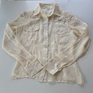 Sheer Cream Beaded Yoke Button-Down Blouse — Pockets, Long Sleeve, 200% silk